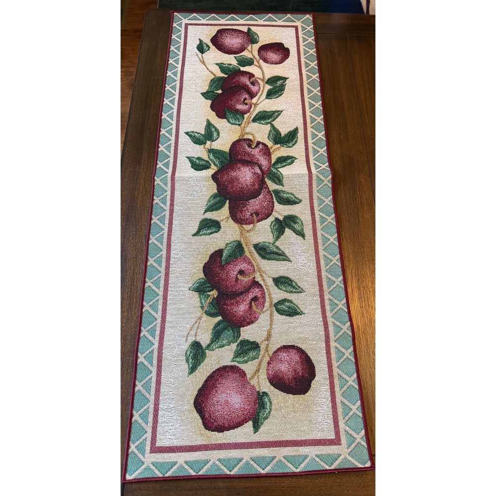 Vintage Woven Tapestry Table Runner Red Apple Harvest Farmhouse Decor 35x13
